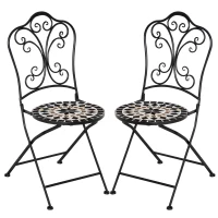 Outsunny Set de 2 Sillas de Jardín Plegables con Asiento de Mosaico Cerámico y Marco de Metal Carga 120 kg para Bistró Terraza Patio Exterior 40x50x92 cm Negro(m-1)