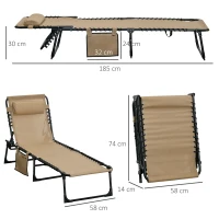 Outsunny Portable Sun Lounger, Folding Camping Bed Cot, Reclining Lounge Chair 5-position Adjustable Backrest with Side Pocket, Pillow for Patio Garden Beach Pool, Beige(m-3)
