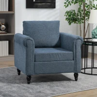 HOMCOM Vintage Accent Chair, Upholstered Occasional Chair with Back Pillow, Rolled Arms,  Rubber Wood Legs, Dark Blue(m-2)