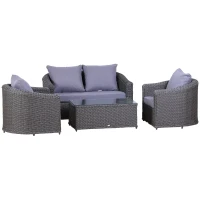 Outsunny Deluxe Round PE Rattan Garden Furniture Set, Fully-assembly Outdoor Sofa Set with Armchair, Loveseat, Glass Top Coffee Table, Aluminium Frame, Cushion, Grey(m-1)