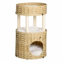 PawHut Árbol Rascador para Gatos de Ratán Torre de Gatos Mediano con Cueva 2 Camas Postes de Sisal Natural y Cojines Lavables de Felpa Suave Ø40,5x69 cm Natural(m-1)