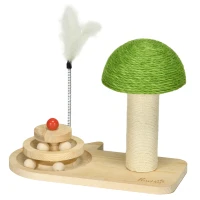 PawHut Mushroom-Shaped Cat Scratching Post, with Toy Balls, Feather for Indoor Cats, 35 x 21 x 26cm - Natural Tone(m-11)