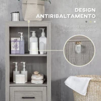 kleankin Mobiletto Bagno Salvaspazio con Ripiani e Cassetto in Legno, 40x30x89cm, Grigio(m-5)