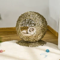 PawHut Wicker Cat Bed Elevated Rattan Kitten Basket Pet Den. House Cozy Cave with Soft Cushion Φ48 x 52cm Brown(m-2)