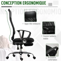 Vinsetto Fauteuil de bureau chaise de bureau ergonomique avec coussin lombaire - repose-pieds rétractable - 65 x 60 x 119-127 cm - noir(m-5)