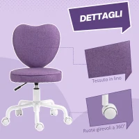 HOMCOM Sedia per Scrivania a Cuore con 5 Rotelle e Altezza Regolabile in Tessuto, 40x50x79-89cm, Viola(m-6)