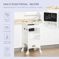 HOMCOM Kids Step Stool Toddler Kitchen Stool with Blackboard Lockable Handrail for Kids Kitchen Counter White(m-6)