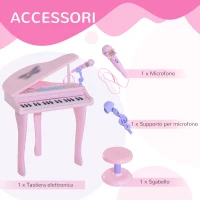 HOMCOM Pianoforte Giocattolo per Bambini , Strumento Musicale Elettrico con 37 Tasti Luminosi, Microfono e Sgabello Inclusi, 48x39x69 cm, Rosa(m-7)