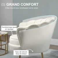 HOMCOM Fauteuil Coquillage Fauteuil Design dim. 79L x 77l x 77H cm Pieds dorés effilés Velours Blanc(m-5)