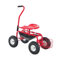 Outsunny Adjustable Rolling Garden Cart Outdoor Gardening Planting Station Trolley Swivel Gardener Work Seat Heavy Duty With Tool Tray & Basket Red 150kg(m-1)