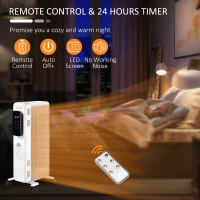 HOMCOM 1500W Oil Filled Radiator, 7 Fin Portable Electric Heater with LED Display, 24H Timer, 3 Heat Settings, Adjustable Thermostat, Safety Cut off, Remote Control, White(m-7)