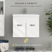 kleankin Mobile Bagno Sospeso con Lavabo, Armadietto a 2 Ante con Cerniere Ammortizzate, 61x40x50cm, Bianco Lucido(m-4)
