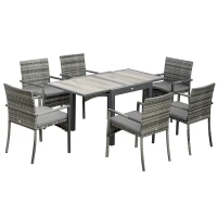 Outsunny Set da Giardino con Tavolo Allungabile e 6 Sedie con Cuscini in Rattan PE, Grigio e Marrone(m-1)