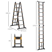 HOMCOM 3.8m Duo Aluminium Ladder w/ Tool Holder - Yellow(m-3)