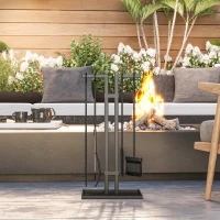 Outsunny Ensemble serviteur de cheminée 5 pièces, outils de cheminée, en métal, balai, pelle, pince, tisonnier et support, noir(m-7)