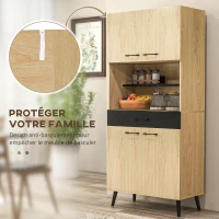 HOMCOM Armoire de cuisine multi-rangements avec tiroir 2 placards étagères réglables hauteur 178 cm noir et bois naturel(m-6)
