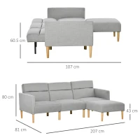 HOMCOM L Shape Sofa Bed Set, Linen Fabric Corner Sofa Bed with Rubber Wood Legs and Footstool, Light Grey(m-3)