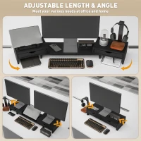 HOMCOM Dual Monitor Stand Riser with 2 Drawers, Adjustable Length and Angle, 116cm Monitor Riser for Laptop, Computer, PC, Small Printer, Black(m-4)