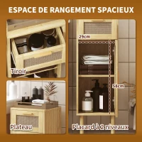 HOMCOM Meuble salle de bain rangement, meuble de rangement style bohème - tiroir et placard, étagères réglables, porte à rotin(m-6)