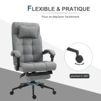 Vinsetto Fauteuil de bureau chaise de travail dossier hauteur réglable pivotant 360° repose-pied appui-tête lin rembourrage mousse 66l x 76P x 112-120H cm gris clair noir(m-5)