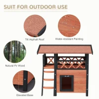 PawHut Cat House Outdoor w/ Balcony Stairs Roof, 77 x 50 x 73 cm, Brown(m-5)