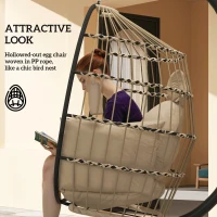 Outsunny Hanging Egg Chair Outdoor Indoor Garden Swing Chair with Folding Basket and Thickened Cushion, Garden Hanging Chair with Stand, Headrest, Cup Holder for Patio, Balcony, Khaki(m-6)