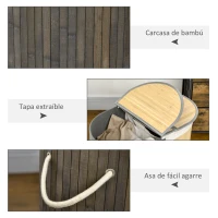 HOMCOM Cesto para Ropa Sucia de Bambú Capacidad de 100L Cesta para la Colada con 2 Compartimentos 62,5x37x60,5 cm Gris(m-7)