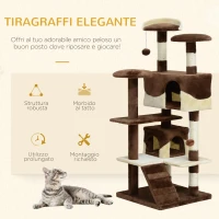 PawHut Albero Tiragraffi per Gatti in Peluche e Sisal con Cucce e Pallina 50×50×134.5cm Caffè e Crema(m-4)