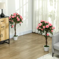 Outsunny Set of 2 Artificial Plants Pink Rose Floral in Pot, Fake Plants for Home Indoor Decor, 90cm(m-2)
