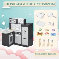 HOMCOM Cucina Giocattolo per Bambini in Legno con 14 Accessori, Forno, Lavandino, Frigo e Microonde, Età 3+ Anni, 86x64x84.5cm, Argento e Marrone(m-5)
