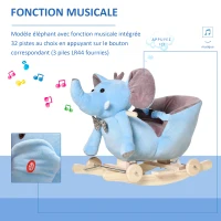 HOMCOM Cheval à Bascule Jouet à Bascule éléphant et Porteur sur roulettes 2 en 1 Fonction Musicale 32 Pistes Ceinture sécurité(m-5)
