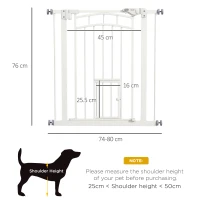 PawHut Pressure Fit Stair Gate, Dog Gate w/ Small Cat Door, Auto Closing System, Double Locking Openings, 74-80cm - White(m-3)