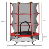 HOMCOM Trampolino Elastico per Bambini Ø1.6x1.9 m con Rete di Sicurezza e Pali Imbottiti, Età 3-10 Anni, Rosso(m-3)