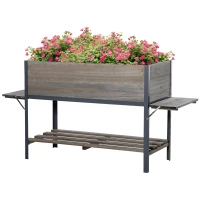 Outsunny Huerto Urbano Elevado de Madera 140x46x75,5 cm Mesa de Cultivo de Jardín con 2 Baldas Laterales Estante Inferior y 2 Orificios de Drenaje para Plantas Flores Gris(m-11)