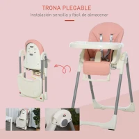 HOMCOM Trona para Bebé Evolutiva Ajustable y Plegable con Doble Bandeja Trona Portátil de +6 Meses Reclinable con 2 Ruedas y Frenos 55x80x104 cm Rosa(m-7)