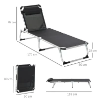Outsunny Foldable Outdoor Sun Loungers Set of 2, Reclining Lounge Chair Camping Bed Cot with Pillow 4-Level Adjustable Back Aluminium Frame, Black(m-3)