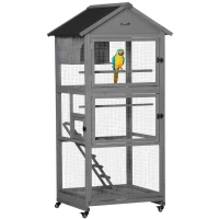 PawHut Bird Cage budgie cage Wooden Outdoor Aviary with Wheels  for Canary Finch with Asphalt Roof Perch Nest Ladder Slide-out Tray, Grey(m-1)