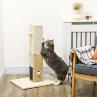 PawHut Poteau à gratter pour chat griffoir pour chat balle avec clochette 2 brosses de toilettage 59,5 x 39 x 79 cm beige crème(m-2)