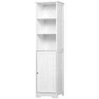 kleankin Armario Alto de Baño de 5 Niveles Columna Auxiliar de Baño con 3 Estantes 1 Puerta y Balda Ajustable 40x38x160 cm Blanco(m-11)