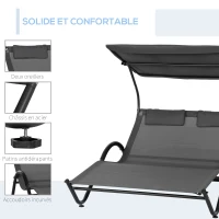 Outsunny Chaise longue bain de soleil transat avec auvent oreiller et roulettes en acier et polyester gris foncé(m-6)