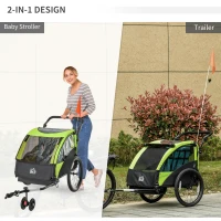 HOMCOM Bike Trailer 2 In1 Child Kids Stroller 2 Seater Carrier with Adjustable Handlebar Hitch Coupler Green(m-4)