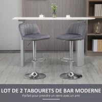 HOMCOM Lot de 2 tabourets de bar design contemporain avec repose-pieds hauteur réglable et pivotant - revêtement tissu effet velours - pied métal - gris(m-4)