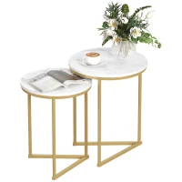 HOMCOM Set of Two Marble-Effect Nest of Tables - White/Gold-Tone(m-10)
