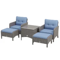 Outsunny 5 Pieces PE Rattan Garden Furniture Set, Wicker Outdoor Sofa Set w/ 2 Armchairs 2 Stools Glass Top Table Cushions, Blue(m-11)
