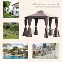 Outsunny 3 x 3(m) Hexagon Gazebo Patio Canopy Party Tent Outdoor Garden Shelter w/ 2 Tier Roof & Side Panel - Brown(m-7)