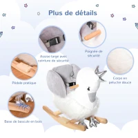 HOMCOM Cheval à Bascule modèle Cygne Fonction Musicale Selle Grand Confort Peluche Courte Douce Bois peuplier Blanc et Gris dim. 60L x 33l x 59H cm(m-6)