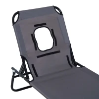 Outsunny Bain de soleil chaise longue pliante avec appuie-tête, trou de lecture, transat inclinable 4 positions en Oxford 600D, transat jardin extérieur camping piscine terrasse, 190x56x28cm, gris(m-9)