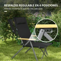 Outsunny Silla de Camping Plegable de Aluminio Respaldo Ajustable Reposabrazos de Madera Bolsa de Transporte 74x59,5x98 cm Negro(m-4)
