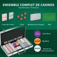 SPORTNOW Mallette de Poker Coffret de Poker Complet, verrouillable, avec 300 jetons 2 Jeux de Cartes 3 boutons 1 Tapis en Feutre(m-4)