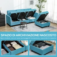 HOMCOM Divano Componibile Modulare 3 Posti con Pouf Poggiapiedi e Cuscini, Rivestimento in Flanella, Blu(m-5)
